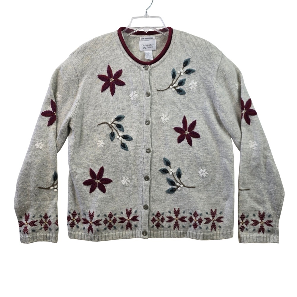 Christopher & Banks Vintage Hand Embroidered Cardigan Sweater L Gray Floral Cozy - Picture 7 of 7